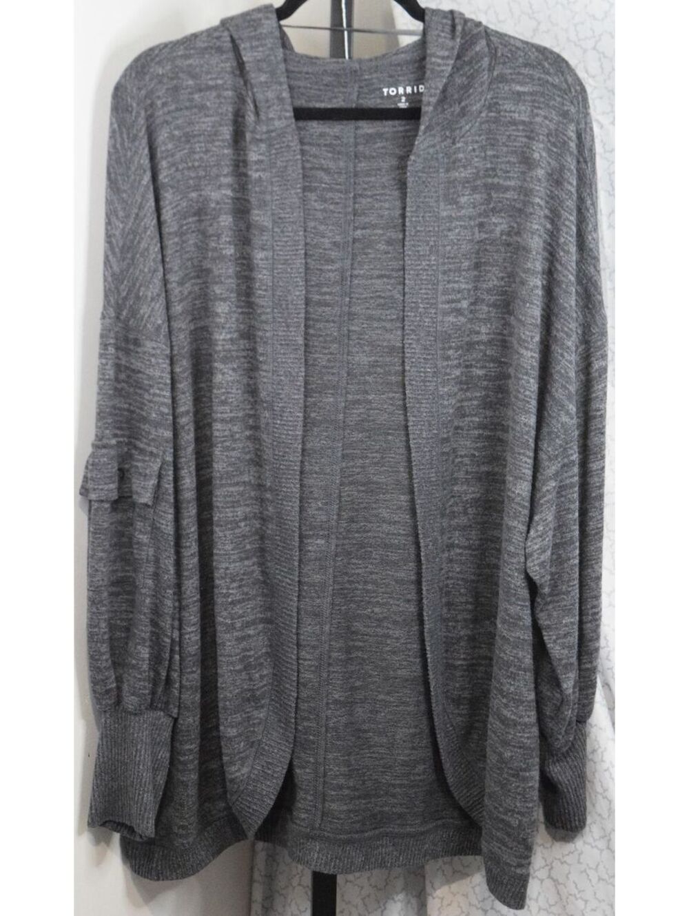 Torrid Gray Hooded Open Front Draped Cardigan Marled Knit Plus Size 2